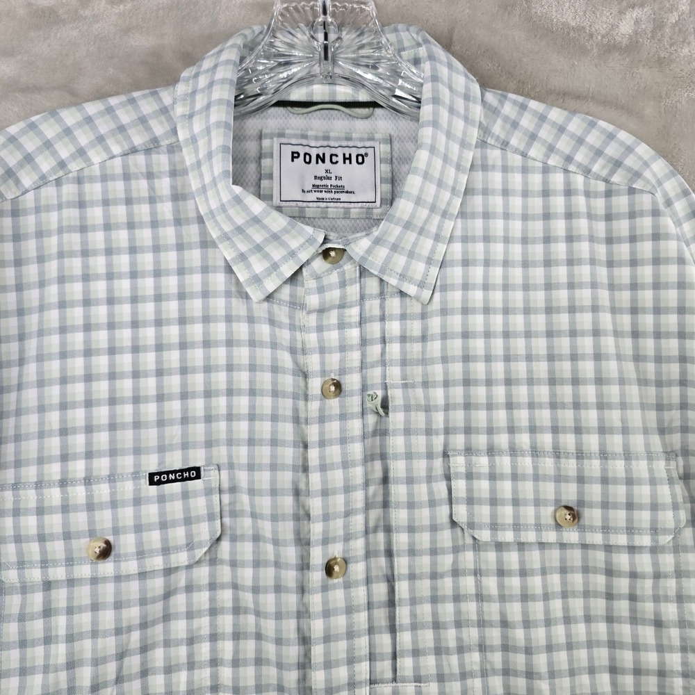 Poncho Outdoors Shirt Mens XL Blue White Plaid Magnetic Pockets Regular Fit